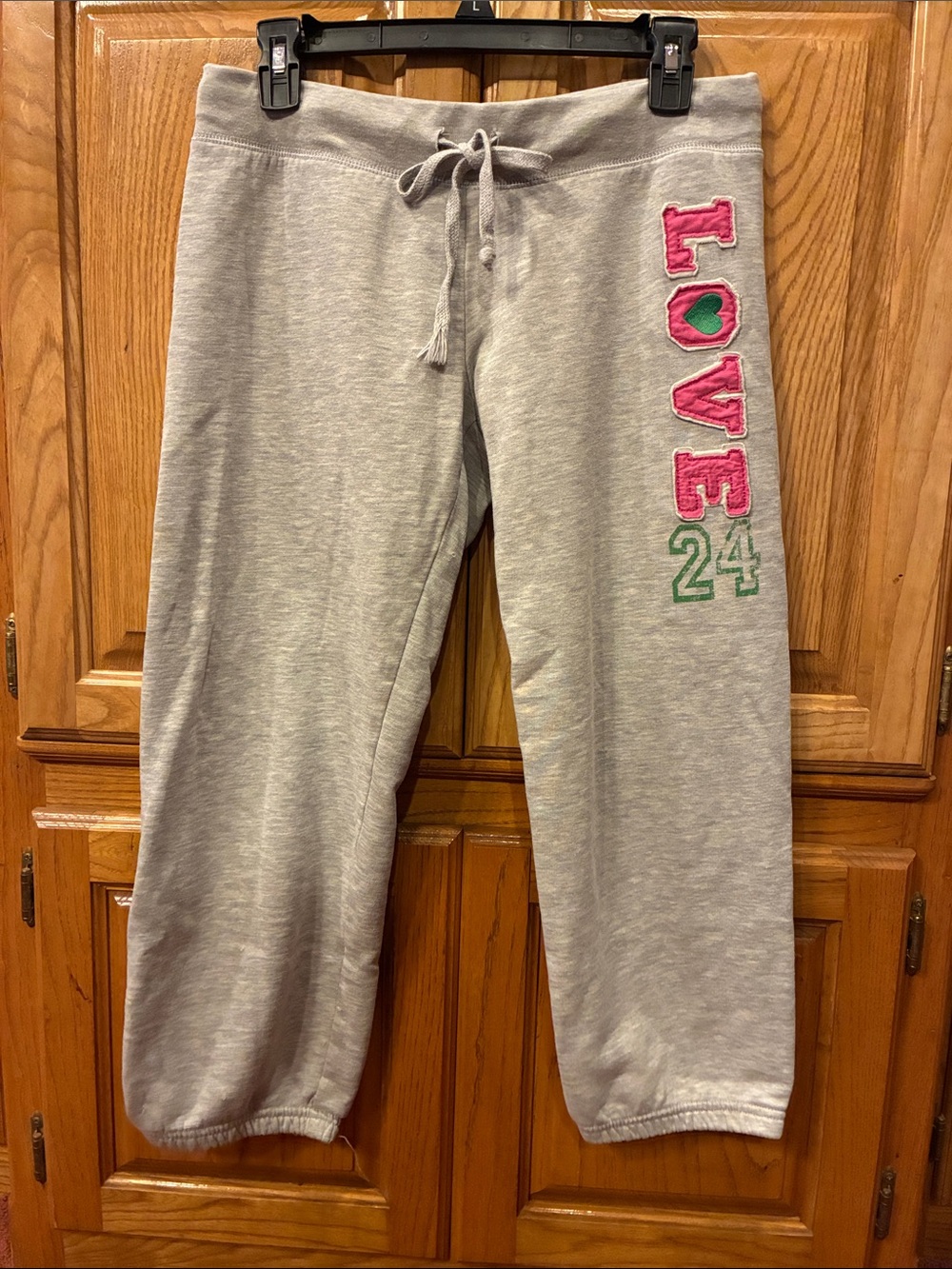 Jrs. Large Derek Heart Light Gray Capri Joggers - Pink Love Applique & Green 24